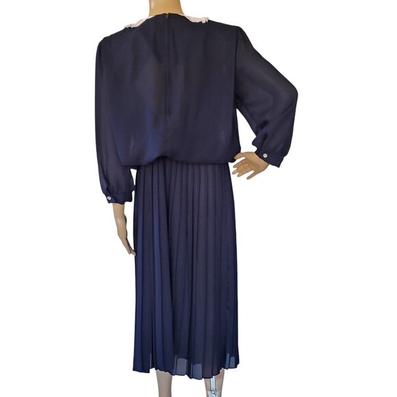 Vintage Career Blouson Maxi Dress Women's 12 Sheer Zip Blue Lace Crochet Collar - Picture 12 of 12
